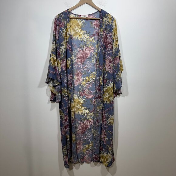 Umgee Floral Open Front Long Kimono Duster Cardigan Womens M Boho Fairy - Picture 1 of 6
